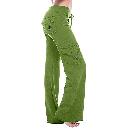 Damen-Cargohose mit geradem Bein, mit Taschen, elastische Taille, ausgestellte Hose für Fitnessstudio, Yoga und Freizeitkleidung (Größe 34-48), Frühling-Sommer-Activewear (01 Hellgrün, XXL) von SPSMOKH