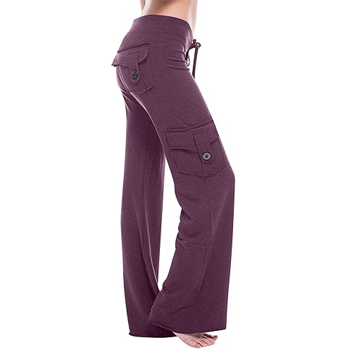 Damen-Cargohose mit geradem Bein, mit Taschen, elastische Taille, ausgestellte Hose für Fitnessstudio, Yoga und Freizeitkleidung (Größe 34-48), Frühling-Sommer-Activewear (01 Lila, 3XL) von SPSMOKH