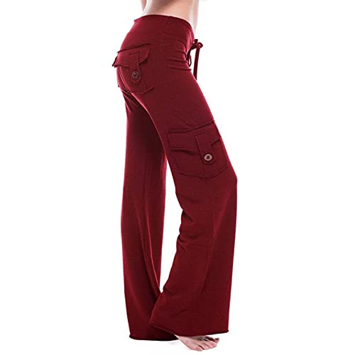 Damen-Cargohose mit geradem Bein, mit Taschen, elastische Taille, ausgestellte Hose für Fitnessstudio, Yoga und Freizeitkleidung (Größe 34-48), Frühling-Sommer-Sportbekleidung (01 Weinrot, 3XL) von SPSMOKH