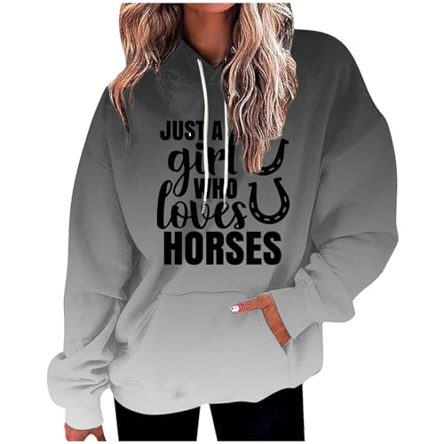 Damen Gradient Hoodie mit großen Taschen Hip Hop Stil Sport Sweatshirt Lose Langarm Top Just A Girl Who Loves Horses Brief Druck (Schwarz, XXL) von SPSMOKH