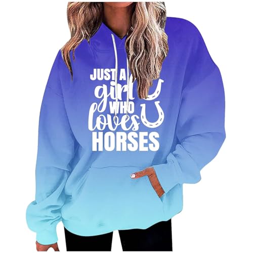 Damen Gradient Hoodie mit großen Taschen Hip Hop Stil Sport Sweatshirt Lose Langarm Top Just A Girl Who Loves Horses Letter Print (Blau, S) von SPSMOKH