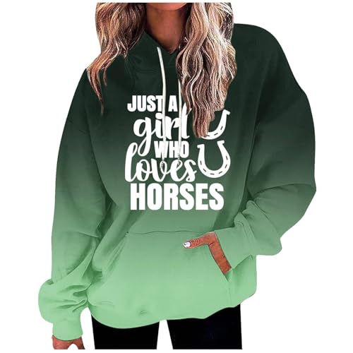 Damen Gradient Hoodie mit großen Taschen Hip Hop Stil Sport Sweatshirt Lose Langarm Top Just A Girl Who Loves Horses Letter Print (Grün, M) von SPSMOKH