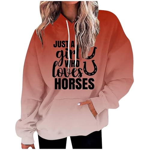 Damen Gradient Hoodie mit großen Taschen Hip Hop Stil Sport Sweatshirt Lose Langarm Top Just A Girl Who Loves Horses Letter Print (Rot, L) von SPSMOKH