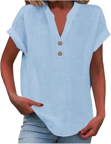 Damen-Oberteil, Baumwoll-Leinenhemd, Sommer, V-Ausschnitt, Knopfleiste, kurzärmelig, Damenbluse, T-Shirts, einfarbig, Arbeit, lässig, übergroß, lockere Blusen, Alltag, Damen, Oberteil, Stoff Damen-Oberteil, Baumwoll-Leinenhemd, Sommer, V-Ausschnitt, Knopfleiste, kurzärmelig, Damenbluse, T-Shirts, einfarbig, Arbeit, lässig, übergroß, lockere Blusen, Alltag, Damen, Oberteil, Stoff von SPSMOKH