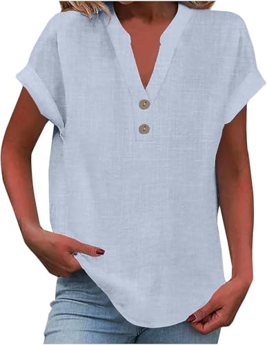 Damen-Oberteil, Baumwoll-Leinenhemd, Sommer, V-Ausschnitt, Knopfleiste, kurzärmelig, Damenbluse, T-Shirts, einfarbig, Arbeit, lässig, übergroß, lockere Blusen, Alltag, Damenoberteil, Stoff, Hellblau Damen-Oberteil, Baumwoll-Leinenhemd, Sommer, V-Ausschnitt, Knopfleiste, kurzärmelig, Damenbluse, T-Shirts, einfarbig, Arbeit, lässig, übergroß, lockere Blusen, Alltag, Damenoberteil, Stoff, Hellblau von SPSMOKH