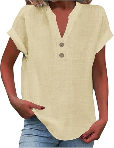 Damen-Oberteil, Baumwoll-Leinenhemd, Sommer, V-Ausschnitt, Knopfleiste, kurzärmelig, Damenbluse, T-Shirts, einfarbig, Arbeit, lässig, übergroß, lockere Blusen, Alltag, Damenoberteil, Stoff, Gelb Damen-Oberteil, Baumwoll-Leinenhemd, Sommer, V-Ausschnitt, Knopfleiste, kurzärmelig, Damenbluse, T-Shirts, einfarbig, Arbeit, lässig, übergroß, lockere Blusen, Alltag, Damenoberteil, Stoff, Gelb von SPSMOKH