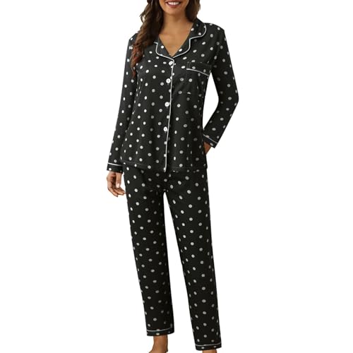 Damen-Pyjama-Set, Baumwollmischung, gepunktet, kariert, Knopfleiste, langärmeliges Revers-Oberteil und Hose mit weitem Bein, Herbst-Pyjama-Set, lässig, Weihnachten, Halloween, Loungewear-Sets (A1 Damen-Pyjama-Set, Baumwollmischung, gepunktet, kariert, Knopfleiste, langärmeliges Revers-Oberteil und Hose mit weitem Bein, Herbst-Pyjama-Set, lässig, Weihnachten, Halloween, Loungewear-Sets (A1 von SPSMOKH
