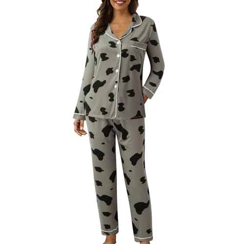 Damen-Pyjama-Set, Baumwollmischung, gepunktet, kariert, Knopfleiste, langärmeliges Revers-Oberteil und Hose mit weitem Bein, Herbst-Pyjama-Set, lässig, Weihnachten, Halloween, Loungewear-Sets (A9 Damen-Pyjama-Set, Baumwollmischung, gepunktet, kariert, Knopfleiste, langärmeliges Revers-Oberteil und Hose mit weitem Bein, Herbst-Pyjama-Set, lässig, Weihnachten, Halloween, Loungewear-Sets (A9 von SPSMOKH