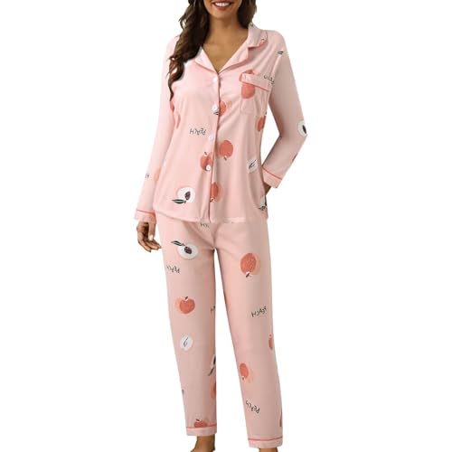 Damen-Schlafanzug-Set, Baumwollmischung, gepunktet, kariert, Knopfleiste, langärmeliges Revers-Oberteil und Hose mit weitem Bein, Herbst-Pyjama-Set, lässig, Weihnachten, Halloween, Loungewear-Sets (A8 Damen-Schlafanzug-Set, Baumwollmischung, gepunktet, kariert, Knopfleiste, langärmeliges Revers-Oberteil und Hose mit weitem Bein, Herbst-Pyjama-Set, lässig, Weihnachten, Halloween, Loungewear-Sets (A8 von SPSMOKH