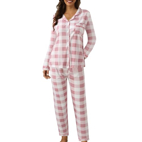 Damen-Schlafanzug-Set, Baumwollmischung, gepunktet, kariert, Knopfleiste, langärmeliges Revers-Oberteil und Hose mit weitem Bein, Herbst-Pyjama-Set, lässig, Weihnachten, Halloween, Loungewear-Sets (A2 Damen-Schlafanzug-Set, Baumwollmischung, gepunktet, kariert, Knopfleiste, langärmeliges Revers-Oberteil und Hose mit weitem Bein, Herbst-Pyjama-Set, lässig, Weihnachten, Halloween, Loungewear-Sets (A2 von SPSMOKH