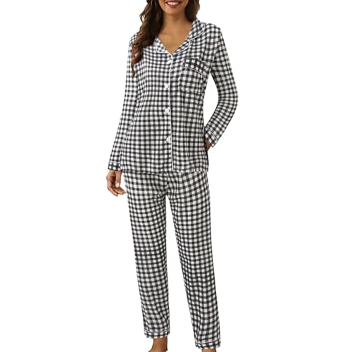 Damen-Schlafanzug-Set, Baumwollmischung, gepunktet, kariert, Knopfleiste, langärmeliges Revers-Oberteil und Hose mit weitem Bein, Herbst-Pyjama-Set, lässig, Weihnachten, Halloween, Loungewear-Sets (A3 Damen-Schlafanzug-Set, Baumwollmischung, gepunktet, kariert, Knopfleiste, langärmeliges Revers-Oberteil und Hose mit weitem Bein, Herbst-Pyjama-Set, lässig, Weihnachten, Halloween, Loungewear-Sets (A3 von SPSMOKH