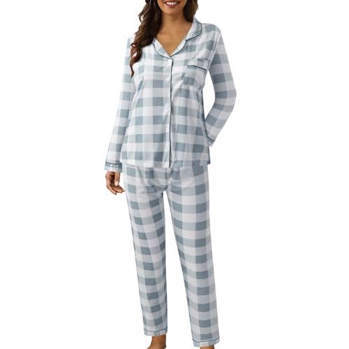 Damen-Schlafanzug-Set, Baumwollmischung, gepunktet, kariert, Knopfleiste, langärmeliges Revers-Oberteil und Hose mit weitem Bein, Herbst-Pyjama-Set, lässig, Weihnachten, Halloween, Loungewear-Sets (A2 Damen-Schlafanzug-Set, Baumwollmischung, gepunktet, kariert, Knopfleiste, langärmeliges Revers-Oberteil und Hose mit weitem Bein, Herbst-Pyjama-Set, lässig, Weihnachten, Halloween, Loungewear-Sets (A2 von SPSMOKH