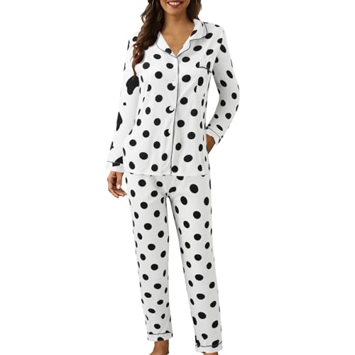 Damen-Schlafanzug-Set, Baumwollmischung, gepunktet, kariert, Knopfleiste, langärmeliges Revers-Oberteil und Hose mit weitem Bein, Herbst-Pyjama-Set, lässig, Weihnachten, Halloween, Loungewear-Sets Damen-Schlafanzug-Set, Baumwollmischung, gepunktet, kariert, Knopfleiste, langärmeliges Revers-Oberteil und Hose mit weitem Bein, Herbst-Pyjama-Set, lässig, Weihnachten, Halloween, Loungewear-Sets von SPSMOKH