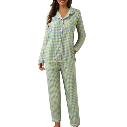 Damen-Schlafanzug-Set, Baumwollmischung, gepunktet, kariert, Knopfleiste, langärmeliges Revers-Oberteil und Hose mit weitem Bein, Herbst-Pyjama-Set, lässig, Weihnachten, Halloween, Loungewear-Sets (A3 Damen-Schlafanzug-Set, Baumwollmischung, gepunktet, kariert, Knopfleiste, langärmeliges Revers-Oberteil und Hose mit weitem Bein, Herbst-Pyjama-Set, lässig, Weihnachten, Halloween, Loungewear-Sets (A3 von SPSMOKH