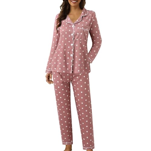 Damen-Schlafanzug-Set, Baumwollmischung, gepunktet, kariert, Knopfleiste, langärmeliges Revers-Oberteil und Hose mit weitem Bein, Herbst-Pyjama-Set, lässig, Weihnachten, Halloween, Loungewear-Sets (A1 Damen-Schlafanzug-Set, Baumwollmischung, gepunktet, kariert, Knopfleiste, langärmeliges Revers-Oberteil und Hose mit weitem Bein, Herbst-Pyjama-Set, lässig, Weihnachten, Halloween, Loungewear-Sets (A1 von SPSMOKH