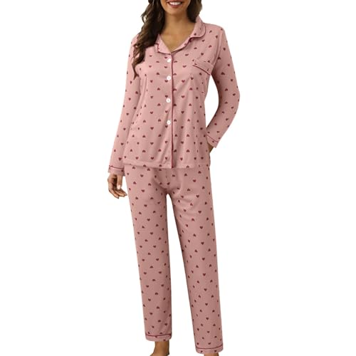 Damen-Schlafanzug-Set, Baumwollmischung, gepunktet, kariert, Knopfleiste, langärmeliges Revers-Oberteil und Hose mit weitem Bein, Herbst-Pyjama-Set, lässig, Weihnachten, Halloween, Loungewear-Sets von SPSMOKH