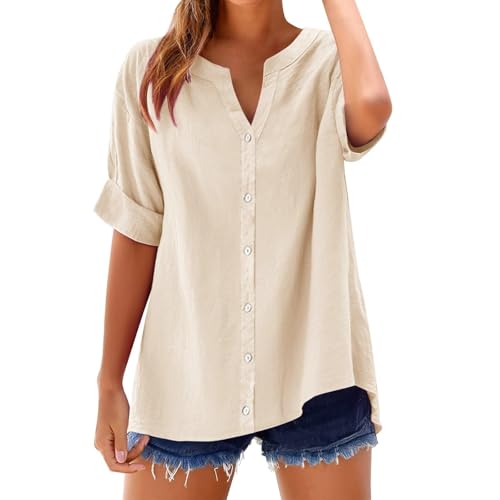 Damen-Shirt mit V-Ausschnitt, Button-Down-Shirt, lässig, einfarbig, Baumwolle, kurzärmelig, modisch, locker, für den Sommer, elegant, lässig, Büro und Alltag (Beige, 5XL) von SPSMOKH