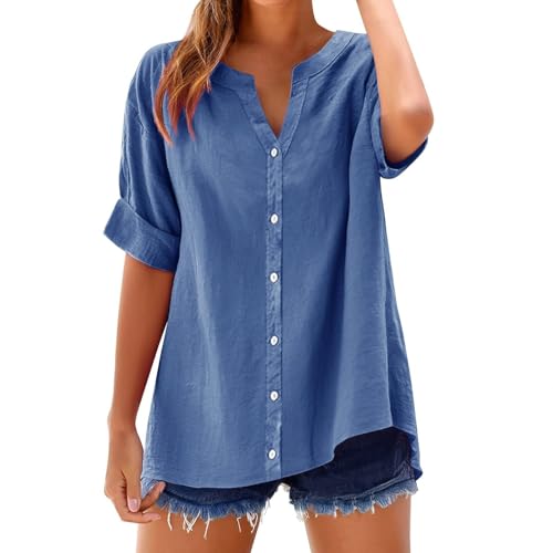 Damen-Shirt mit V-Ausschnitt, Button-Down-Shirt, lässig, einfarbig, Baumwolle, kurzärmelig, modisch, lockeres T-Shirt für den Sommer, elegant, lässig, Büro, Alltag (Blau, XXL) von SPSMOKH