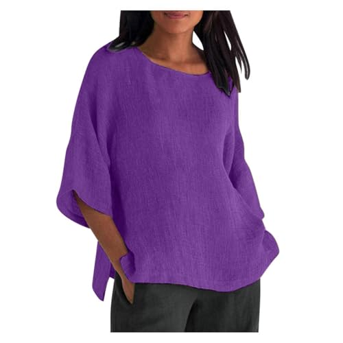 Damen Sommer Casual Einfarbig Rundhals Kurzarm Mode Seitenschlitz Lose T-Shirt - Baumwolle Leinen Übergroße Tunika Tops (Dunkelviolett, 4XL) von SPSMOKH