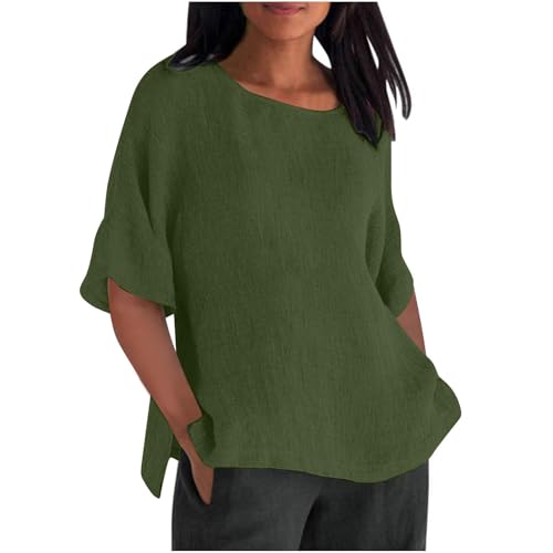 Damen-Sommer-Tops, lässig, einfarbig, Rundhalsausschnitt, kurzärmelig, Damenmode, Seitenschlitz, lockeres T-Shirt (Armeegrün, XL) von SPSMOKH