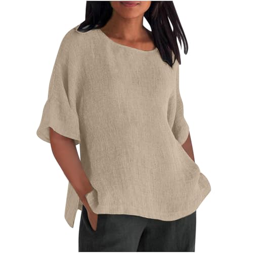 Damen-Sommer-Tops, lässig, einfarbig, Rundhalsausschnitt, kurzärmelig, Damenmode, Seitenschlitz-Top, Sommer, lockeres T-Shirt (Khaki, L) von SPSMOKH