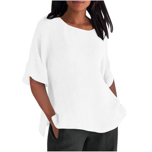 Damen-Sommer-Tops, lässig, einfarbig, Rundhalsausschnitt, kurzärmelig, Damenmode, Seitenschlitz-Top, Sommer, lockeres T-Shirt (weiß, XL) von SPSMOKH