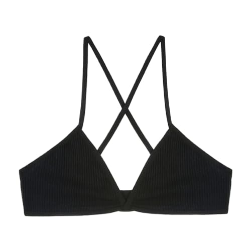 Damen Triangel-BH mit drahtlosem Faden – Dünner Träger stützende Stretch-Passform für kleine Brust, Triangel-Bikinioberteil, Baumwoll-Bügel-BH, gerippter Criss-Cross-BH, nahtlos (Schwarz, M) von SPSMOKH