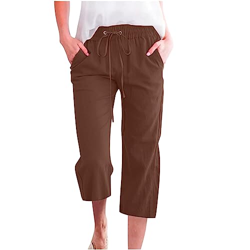 Damen Übergröße 3/4 Cropped Hose aus Leinen Baumwolle Sommer Casual Straight Leg Capris mit Taschen Kordelzug Jogginghose für Loungewear Urlaub Alltag (05 Brown, 3XL) von SPSMOKH
