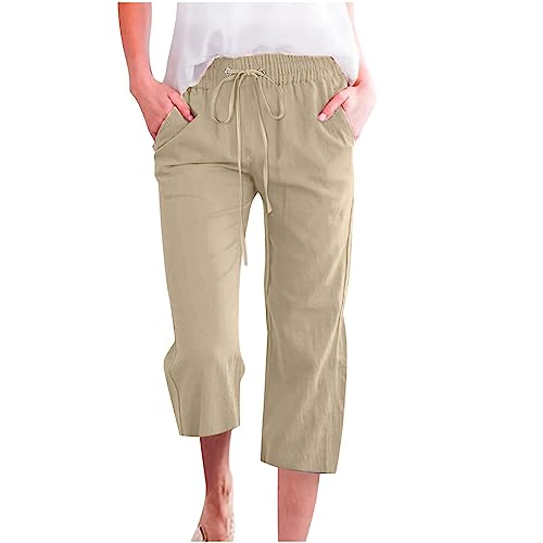 Damen Übergröße Leinen Baumwolle 3/4 Cropped Hose Sommer Casual Straight Leg Capris mit Taschen Kordelzug Jogger für Loungewear Urlaub Alltag (01 Beige, XL) von SPSMOKH