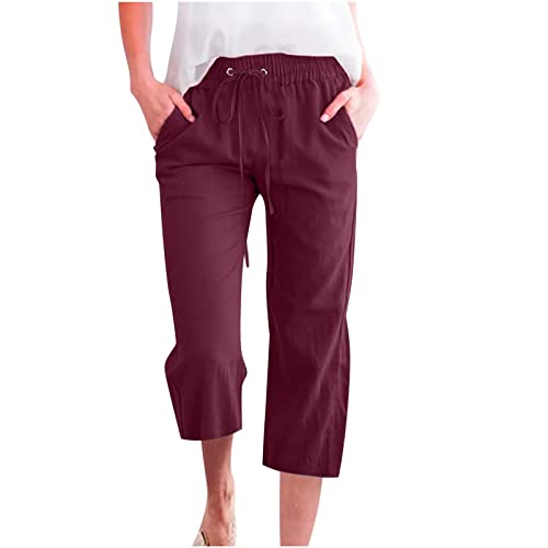 Damen Übergröße Leinen Baumwolle 3/4 Cropped Hose Sommer Casual Straight Leg Capris mit Taschen Kordelzug Jogger für Loungewear Urlaub Alltag (01 Wine, XXL) von SPSMOKH