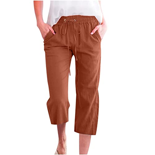 Damen Übergröße Leinen Baumwolle 3/4 Cropped Hose Sommer Casual Straight Leg Capris mit Taschen Kordelzug Jogger für Loungewear Urlaub Alltag (02 Coffee, XXL) von SPSMOKH