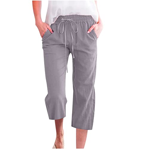 Damen Übergröße Leinen Baumwolle 3/4 Cropped Hose Sommer Casual Straight Leg Capris mit Taschen Kordelzug Jogger für Loungewear Urlaub Alltag (02 Grau, S) von SPSMOKH