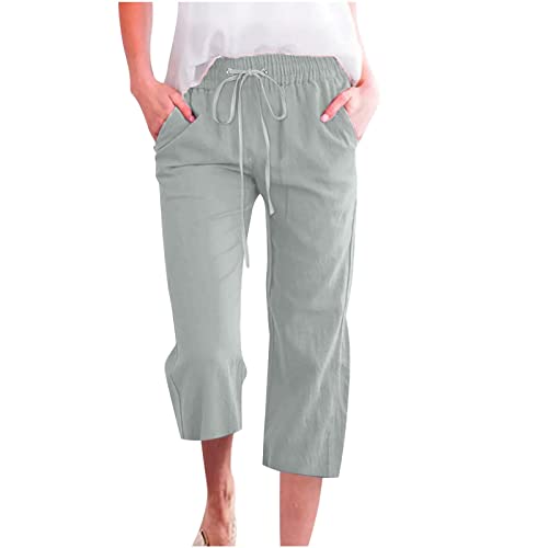 Damen Übergröße Leinen Baumwolle 3/4 Cropped Hose Sommer Casual Straight Leg Capris mit Taschen Kordelzug Jogger für Loungewear Urlaub Alltag (02 Mint Green, S) von SPSMOKH