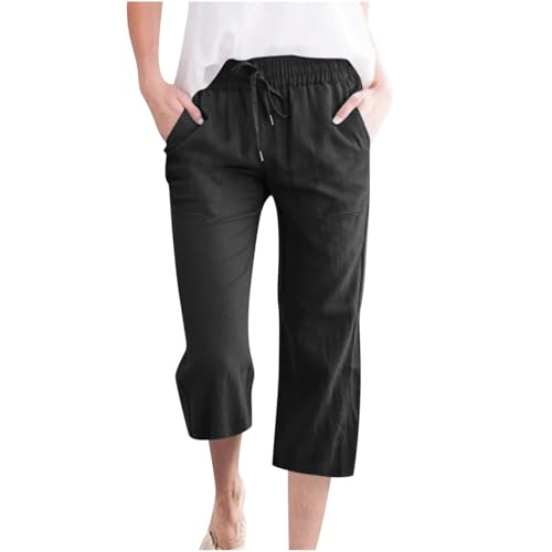 Damen Übergröße Leinen Baumwolle 3/4 Cropped Hose Sommer Casual Straight Leg Capris mit Taschen Kordelzug Jogger für Loungewear Urlaub Alltag (03 Black, L) von SPSMOKH