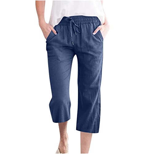 Damen Übergröße Leinen Baumwolle 3/4 Cropped Hose Sommer Casual Straight Leg Capris mit Taschen Kordelzug Jogger für Loungewear Urlaub Alltag (03 Blue, S) von SPSMOKH
