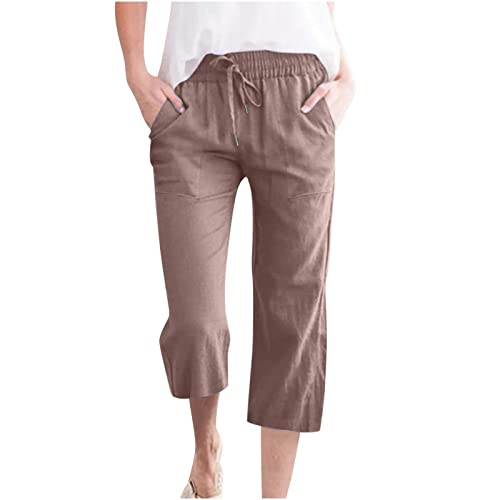 Damen Übergröße Leinen Baumwolle 3/4 Cropped Hose Sommer Casual Straight Leg Capris mit Taschen Kordelzug Jogger für Loungewear Urlaub Alltag (03 Brown, L) von SPSMOKH