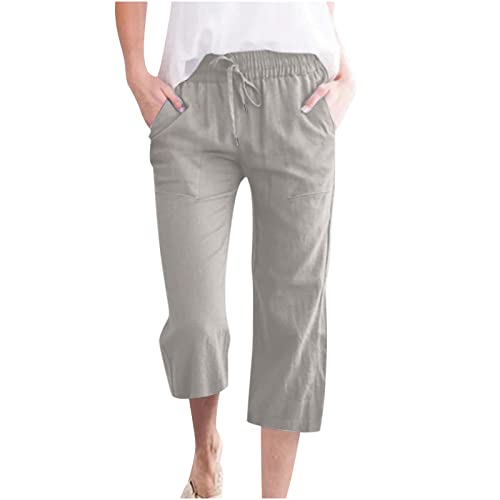 Damen Übergröße Leinen Baumwolle 3/4 Cropped Hose Sommer Casual Straight Leg Capris mit Taschen Kordelzug Jogger für Loungewear Urlaub Alltag (03 Grau, S) von SPSMOKH