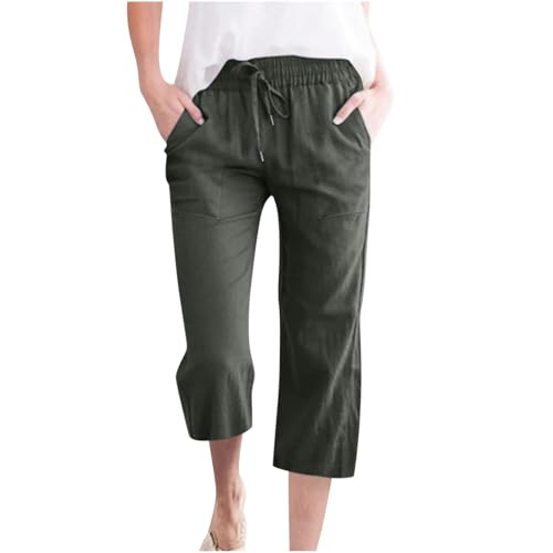 Damen Übergröße Leinen Baumwolle 3/4 Cropped Hose Sommer Casual Straight Leg Capris mit Taschen Kordelzug Jogger für Loungewear Urlaub Alltag (03 Green, M) von SPSMOKH