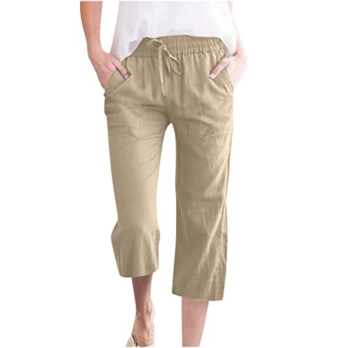 Damen Übergröße Leinen Baumwolle 3/4 Cropped Hose Sommer Casual Straight Leg Capris mit Taschen Kordelzug Jogger für Loungewear Urlaub Alltag (03 Khaki, 3XL) von SPSMOKH