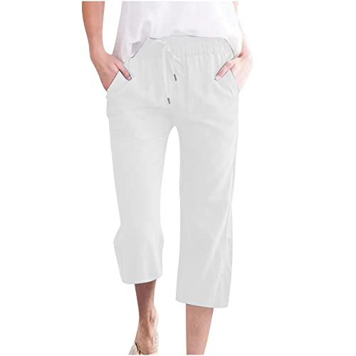 Damen Übergröße Leinen Baumwolle 3/4 Cropped Hose Sommer Casual Straight Leg Capris mit Taschen Kordelzug Jogger für Loungewear Urlaub Alltag (03 White, XXL) von SPSMOKH