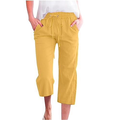 Damen Übergröße Leinen Baumwolle 3/4 Cropped Hose Sommer Casual Straight Leg Capris mit Taschen Kordelzug Jogger für Loungewear Urlaub Alltag (04 Gelb, 3XL) von SPSMOKH