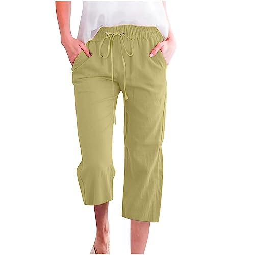 Damen Übergröße Leinen Baumwolle 3/4 Cropped Hose Sommer Casual Straight Leg Capris mit Taschen Kordelzug Jogger für Loungewear Urlaub Alltag (05 Green, S) von SPSMOKH