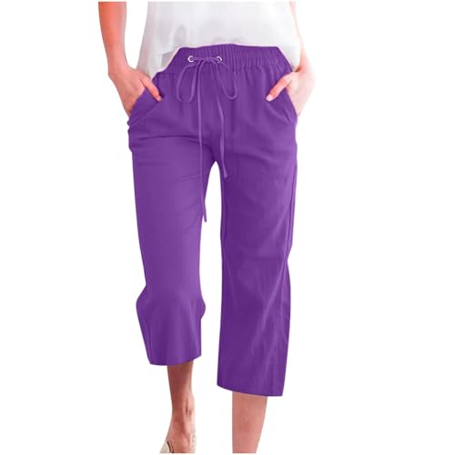 Damen Übergröße Leinen Baumwolle 3/4 Cropped Hose Sommer Casual Straight Leg Capris mit Taschen Kordelzug Jogger für Loungewear Urlaub Alltag (05 Purple, S) von SPSMOKH