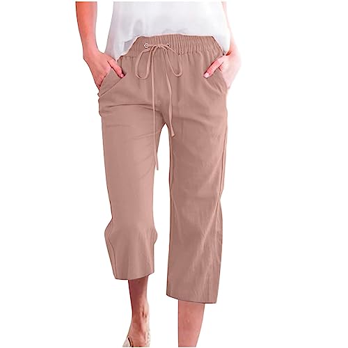 Damen Übergröße Leinen Baumwolle 3/4 Cropped Hose Sommer Casual Straight Leg Capris mit Taschen Kordelzug Jogger für Loungewear Urlaub Alltag (05 Rose Gold, L) von SPSMOKH
