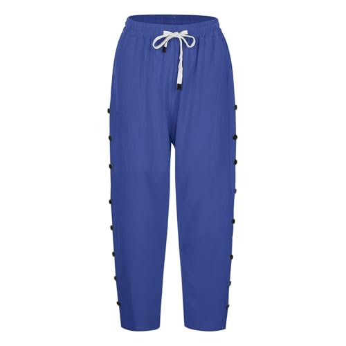Damenhose aus Baumwollleinen, 7/8-Länge, einfarbig, Sommerhose mit seitlichen Reihenknöpfen, Taschen, Kordelzug, modische gerade 7/4-Hose für Büro, Urlaub, Blau, Größe L Damenhose aus Baumwollleinen, 7/8-Länge, einfarbig, Sommerhose mit seitlichen Reihenknöpfen, Taschen, Kordelzug, modische gerade 7/4-Hose für Büro, Urlaub, Blau, Größe L von SPSMOKH