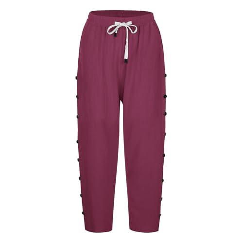 Damenhose aus Baumwollleinen, 7/8-Länge, einfarbig, Sommerhose mit seitlichen Reihenknöpfen, Taschen, Kordelzug, modische gerade 7/4-Hose für Büro, Urlaub, Hot Pink, Größe XL Damenhose aus Baumwollleinen, 7/8-Länge, einfarbig, Sommerhose mit seitlichen Reihenknöpfen, Taschen, Kordelzug, modische gerade 7/4-Hose für Büro, Urlaub, Hot Pink, Größe XL von SPSMOKH