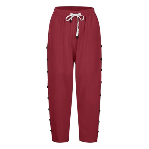 Damenhose aus Baumwollleinen, 7/8-Länge, einfarbig, Sommerhose mit seitlichen Reihenknöpfen, Taschen, Kordelzug, modische gerade 7/4-Hose für Büro, Urlaub, Weinrot, Größe XXL Damenhose aus Baumwollleinen, 7/8-Länge, einfarbig, Sommerhose mit seitlichen Reihenknöpfen, Taschen, Kordelzug, modische gerade 7/4-Hose für Büro, Urlaub, Weinrot, Größe XXL von SPSMOKH