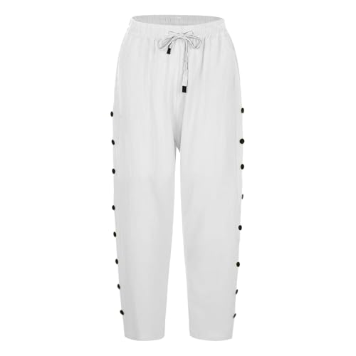 Damenhose aus Baumwollleinen, 7/8-Länge, einfarbig, Sommerhose mit seitlichen Reihenknöpfen, Taschen, Kordelzug, modische gerade 7/4-Hose für Büro, Urlaub, Weiß, Größe XXL Damenhose aus Baumwollleinen, 7/8-Länge, einfarbig, Sommerhose mit seitlichen Reihenknöpfen, Taschen, Kordelzug, modische gerade 7/4-Hose für Büro, Urlaub, Weiß, Größe XXL von SPSMOKH