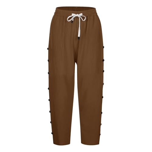 Damenhose aus Baumwollleinen, 7/8-Länge, einfarbig, Sommerhose mit seitlichen Reihenknöpfen, Taschen mit Kordelzug, modische gerade 7/4-Hose für Büro, Urlaub, 03 Braun, XL Damenhose aus Baumwollleinen, 7/8-Länge, einfarbig, Sommerhose mit seitlichen Reihenknöpfen, Taschen mit Kordelzug, modische gerade 7/4-Hose für Büro, Urlaub, 03 Braun, XL von SPSMOKH