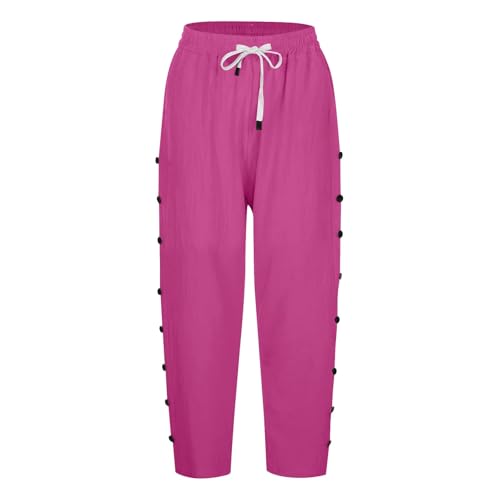 Damenhose aus Baumwollleinen, 7/8-Länge, einfarbig, Sommerhose mit seitlichen Reihenknöpfen, Taschen mit Kordelzug, modische gerade 7/4-Hose für Büro, Urlaub, 03 Hot Pink, XL Damenhose aus Baumwollleinen, 7/8-Länge, einfarbig, Sommerhose mit seitlichen Reihenknöpfen, Taschen mit Kordelzug, modische gerade 7/4-Hose für Büro, Urlaub, 03 Hot Pink, XL von SPSMOKH